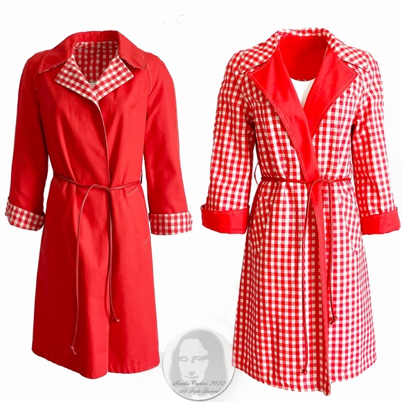 Rain Coat with Leather Belt Reversible Gingham Check Red White Vintage Sz 8 - Picture 1 of 9